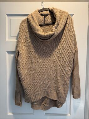 BCBGMaxAzria Cable Knit Cowl Turtleneck Sweater - Beige